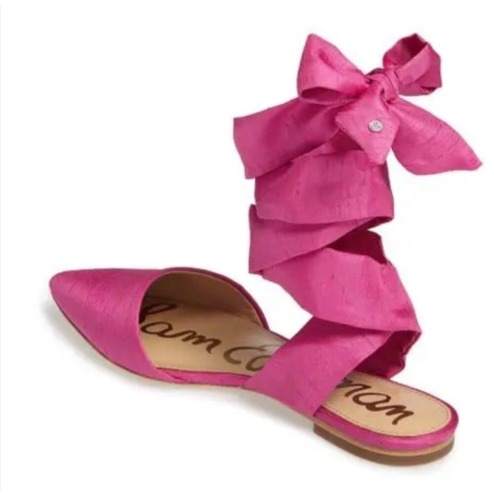 Sam Edelman Lace Up Ballet Flats Pink Satin Wrap Tie Pointed Toe Shoes 8.5